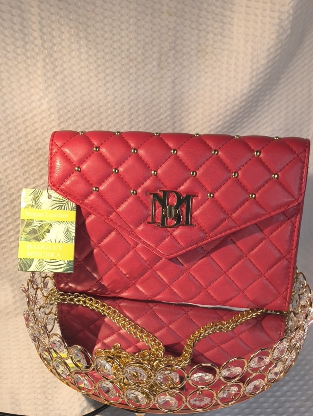 Badgley Mischka Quilted Red Envelope Crossbody with Gold Chain/ Clutch